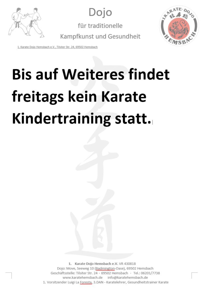 Änderung Trainingszeiten Kindertraining